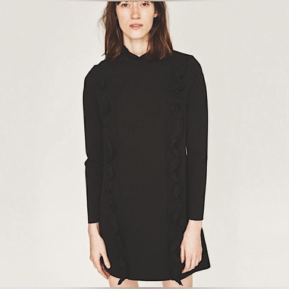 Chic Elegance: Zara Black Ruffle Long Sleeve Mock Neck Dress